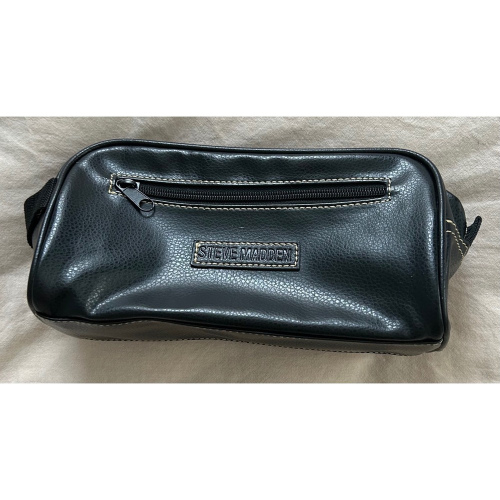 Steve Madden Black Pebbled Faux Leather Toiletry Cosmetic Makeup Bag Travel Case